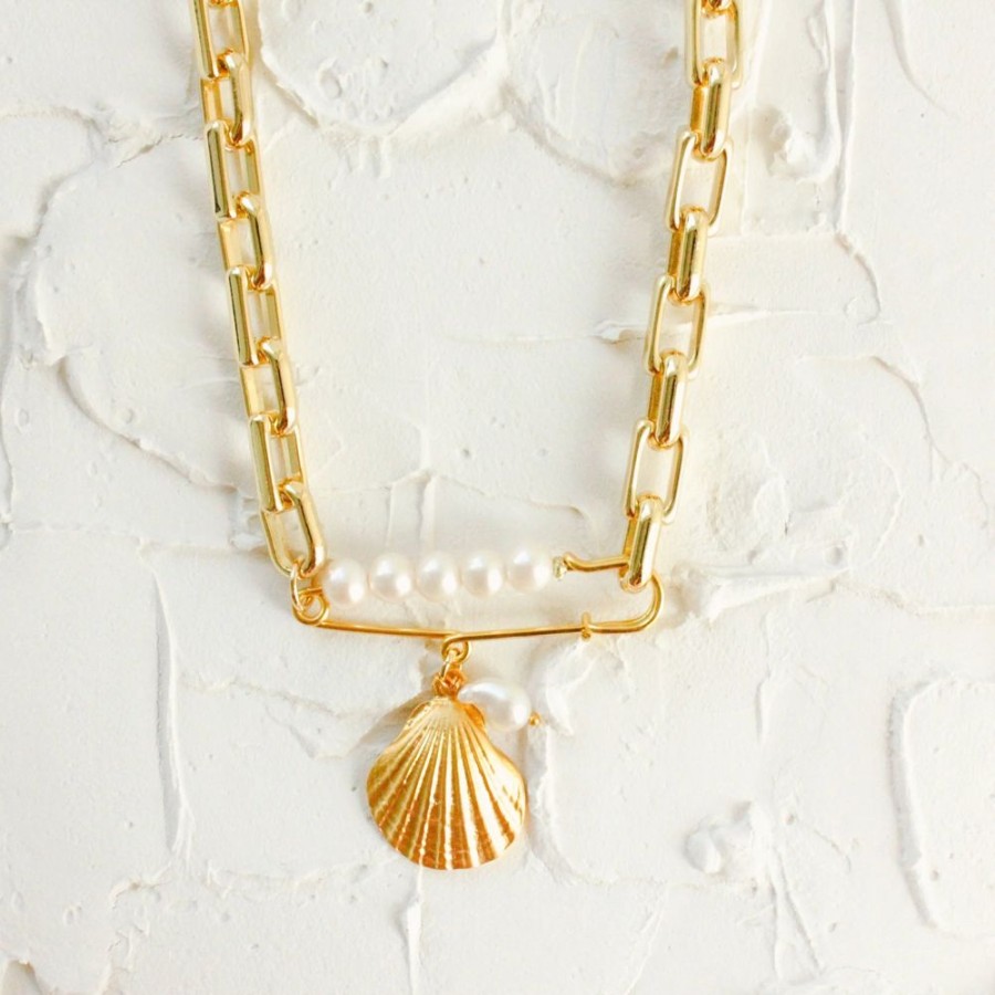 Accessories Cara o Sello Necklaces | Shell & Pearl Xl Paperclip Necklace Gold