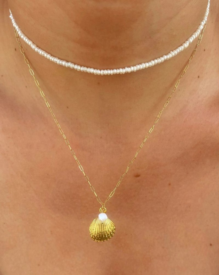 Accessories Cara o Sello Necklaces | Mini Shell & Pearl Clipchain Necklace Gold