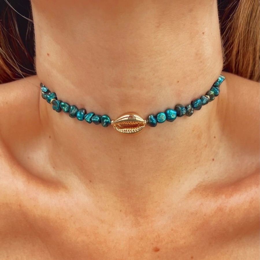 Accessories Cara o Sello Necklaces | Deep Blue Shell Necklace Blue/Gold